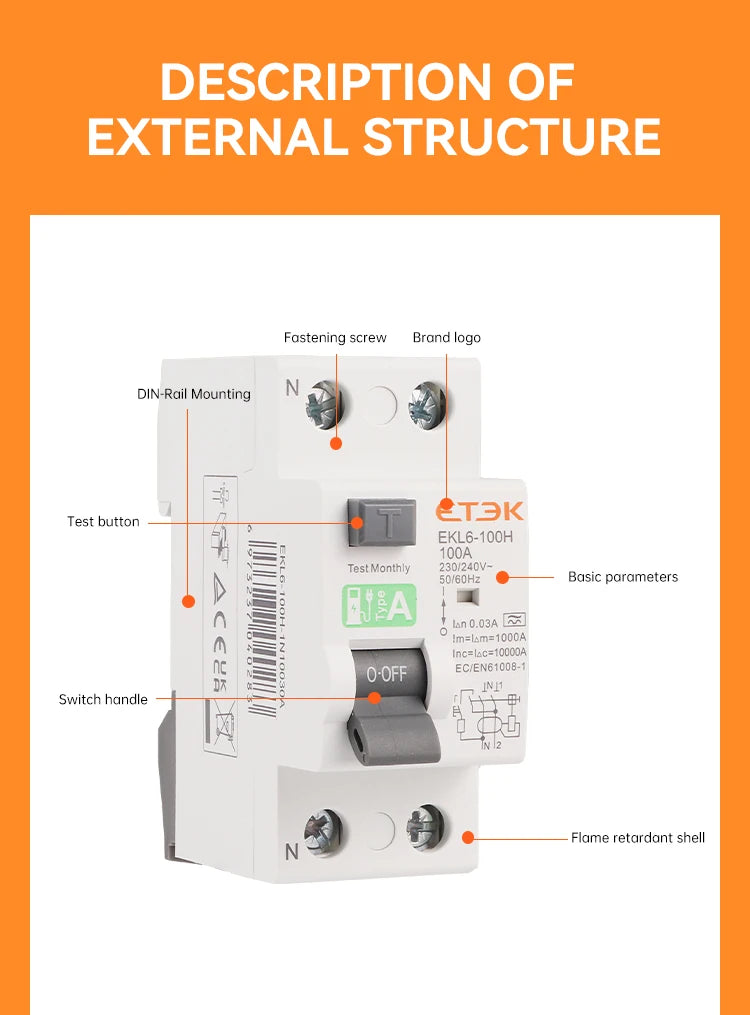 ETEK A Type RCCB 30mA Residual current circuit Breaker 2P(1P+N) RCD 25A 32A 40A 63A 10KA EKL6-100H