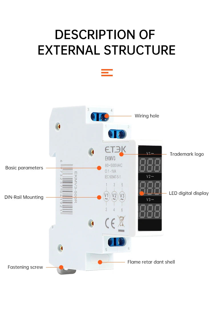 ETEK Modular Three Phase Voltage Meter Ac 220v 230v 380v 80-500V Din Rail Voltage Meter Indicator LED Display Detector EKMV3