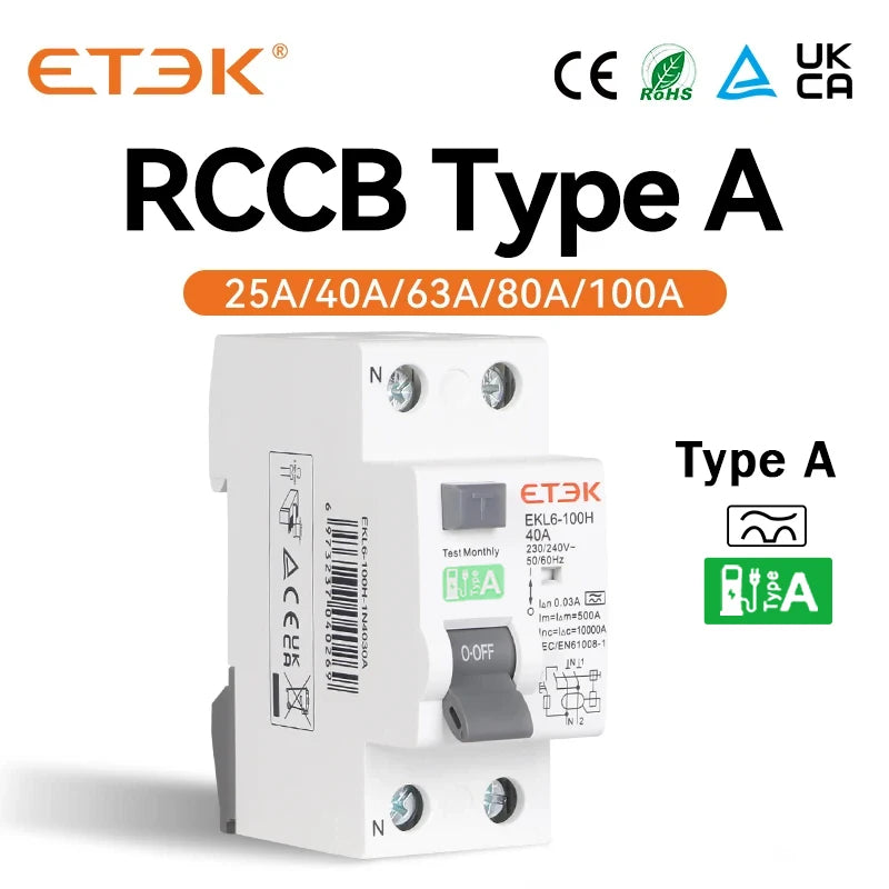 ETEK RCD RCCB Type A Electromechanic Residual Current Circuit Breaker A type 2Pole 10KA 25A 40A 63A 80A 100A 230V 30ma EKL6-100H