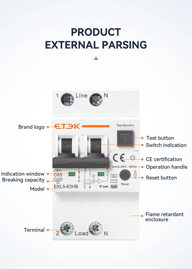 ETEK B Type 230V 1P+N 3P+N  Residual Current Circuit Breaker With Over And Short Current  Leakage Protection C curve RCBO EKL5