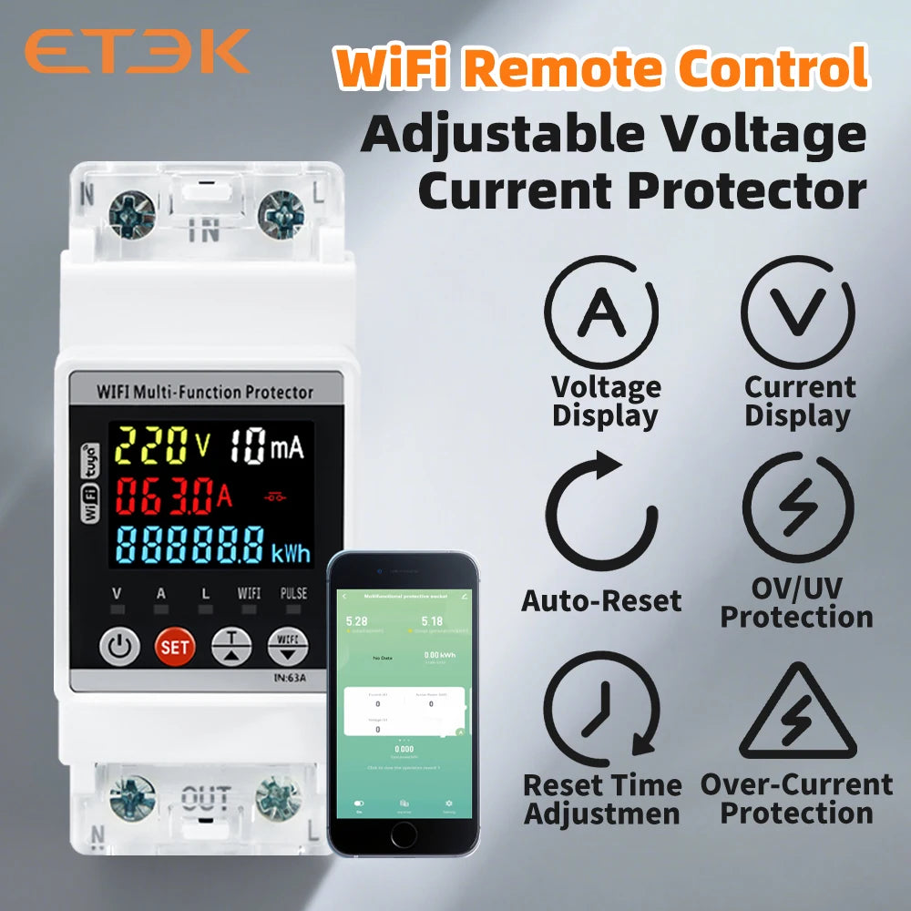 ETEK Smart Kwh Metering Circuit Breaker Adjustable 2P 63A 110V 220V with voltage Current and leakage protection Meter EKVAPS