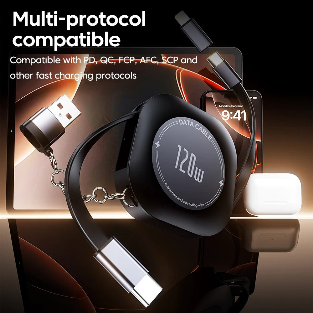 Elough 120W USB C To USB C Retractable Charging Cable With Type C Female To USB ios Male Adapter For iPhone 16 Xiaomi Data Cord