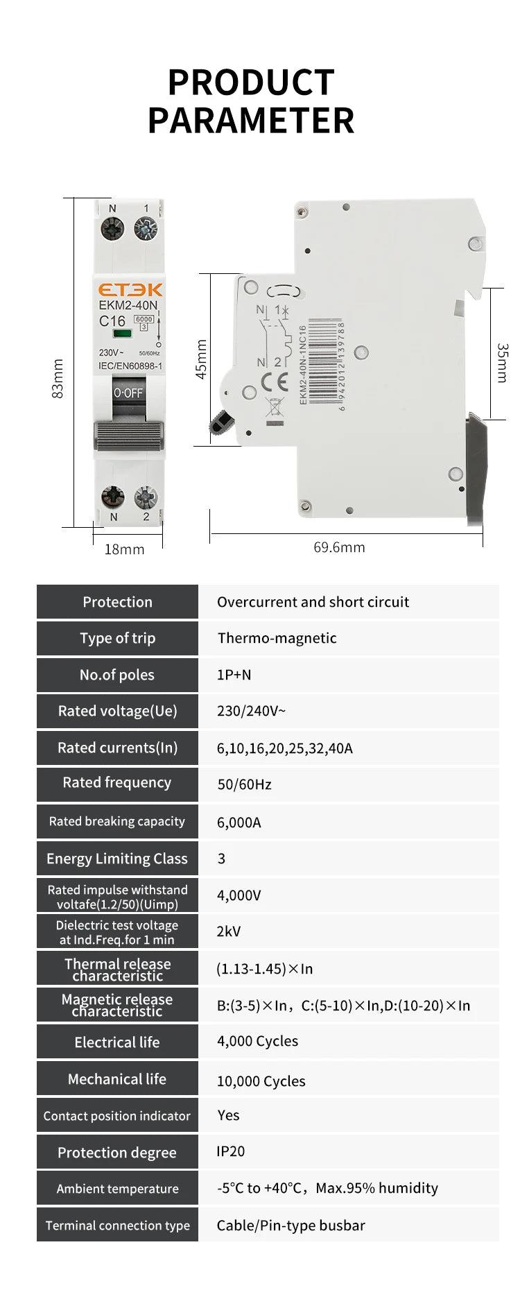 ETEK Din rail mounted miniature household air circuit breaker MCB 30mA C curve 10A 16A 20A 25A 32A 1P+N Mini circuit breaker EKM