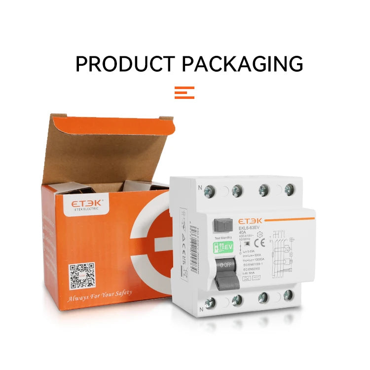 ETEK RCCB Type EV 2P 4P Earth Leakage Circuit Breakers for Car Evse Chargeing Station RCD 40A 63A 30ma EKL6-63EV 10KA Din Rail