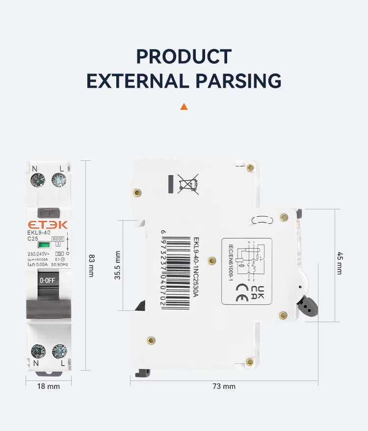 ETEK A Type Residual Automatic Circuit Breaker 6KA 1P+N 2P 18mm RCBO Max 40A 30mA C Curve EKL19