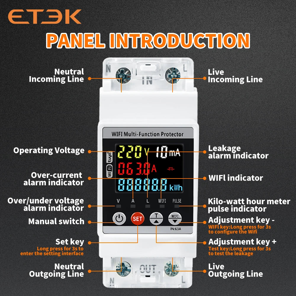 ETEK Smart Kwh Metering Circuit Breaker Adjustable 2P 63A 110V 220V with voltage Current and leakage protection Meter EKVAPS