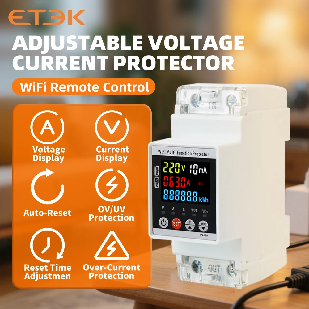 ETEK Leakage Protection Device, Instrument Function, LCD * Intelligent Control Single-phase V/A Over/Under Voltage Protector