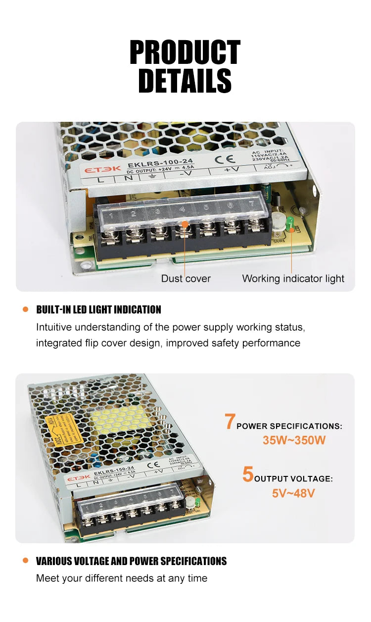 ETEK Lighting Transformer AC110V-220V to DC 24V Power Supply Adapter 75W 100W 150W 200W  For LED Strips EKLRS