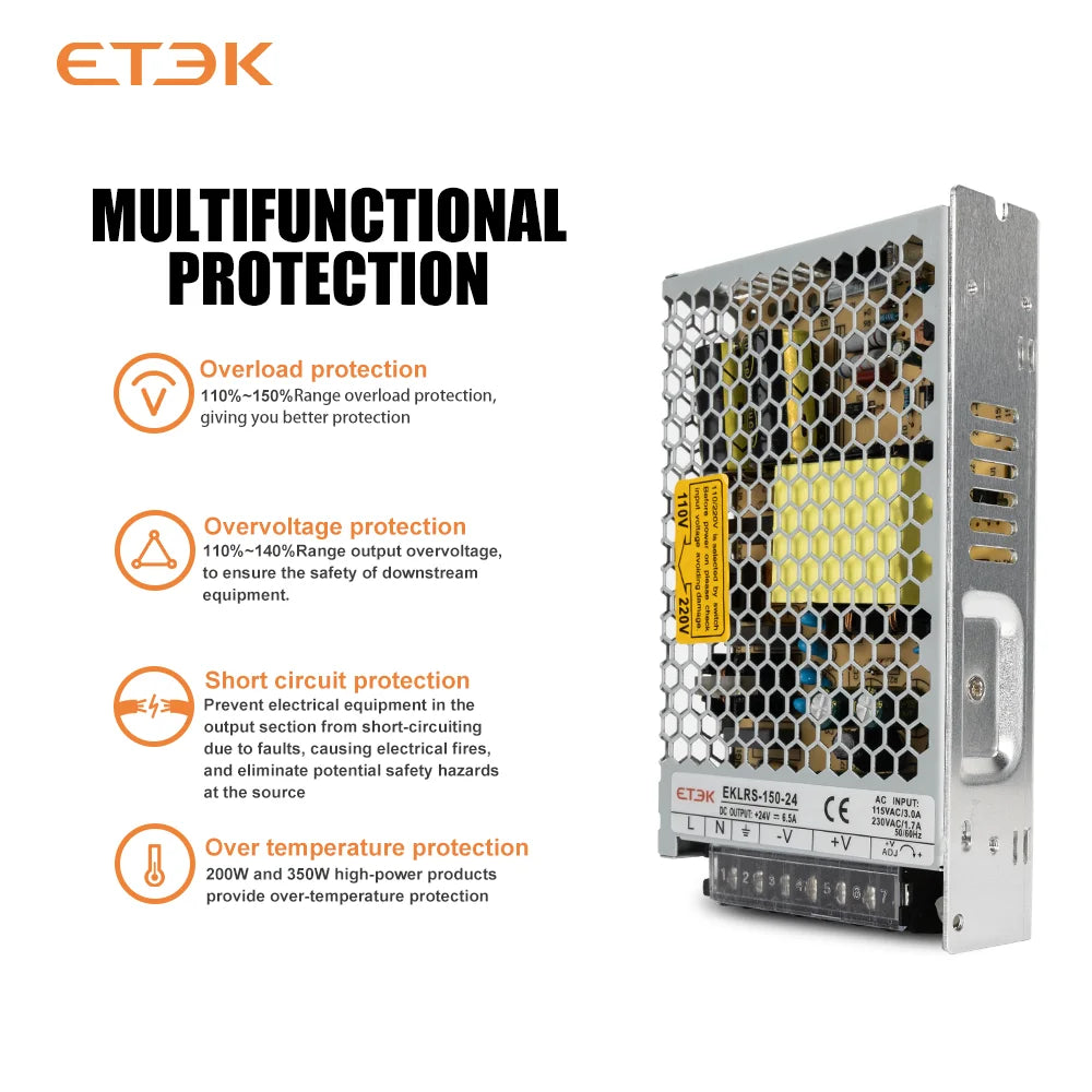 ETEK Lighting Transformer AC110V-220V to DC 24V Power Supply Adapter 75W 100W 150W 200W  For LED Strips EKLRS