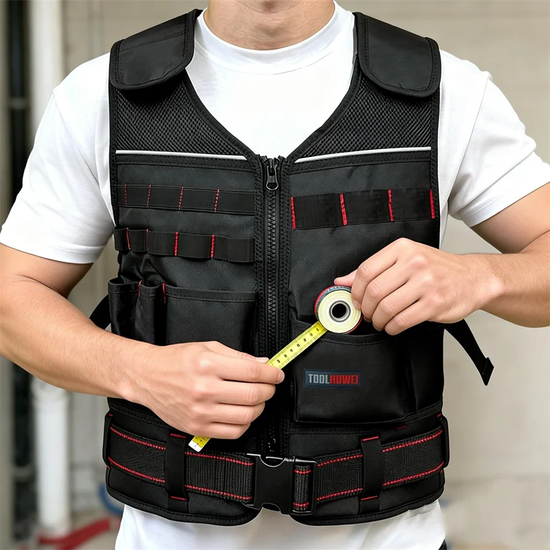 TOOLHUWEI Workwear Tool Vest Safety Work Vest with Multi-pockets Toolkit Pouch Heavy Construction Vest for Electrician Carpenter