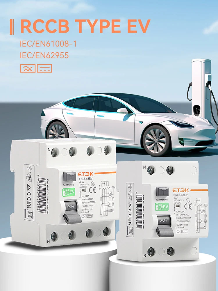 ETEK RCCB Type EV 2P 4P Earth Leakage Circuit Breakers for Car Evse Chargeing Station RCD 40A 63A 30ma EKL6-63EV 10KA Din Rail