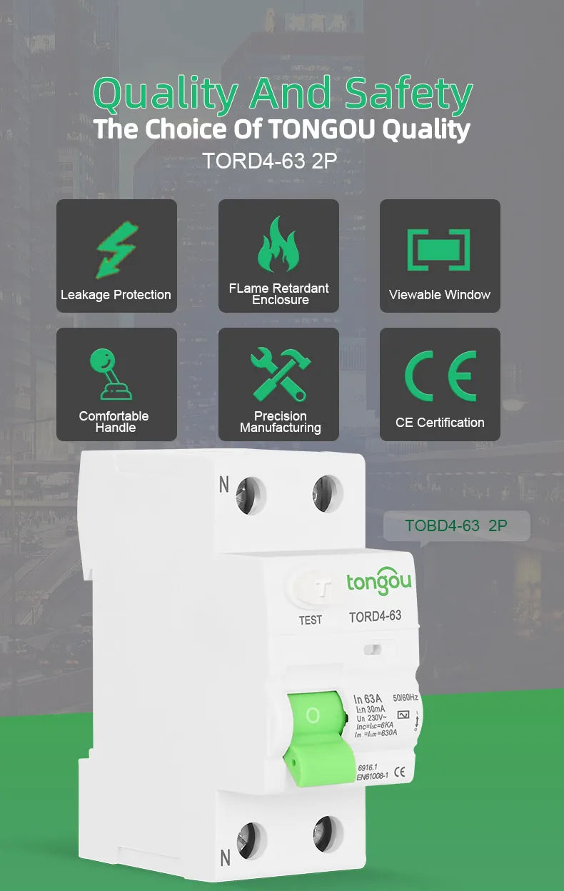 AC Type RCCB Electromagnetic Residual Current Circuit Breaker AC ELCB 2 Pole 16A 25A 40A 63A RCD 30mA TONGOU