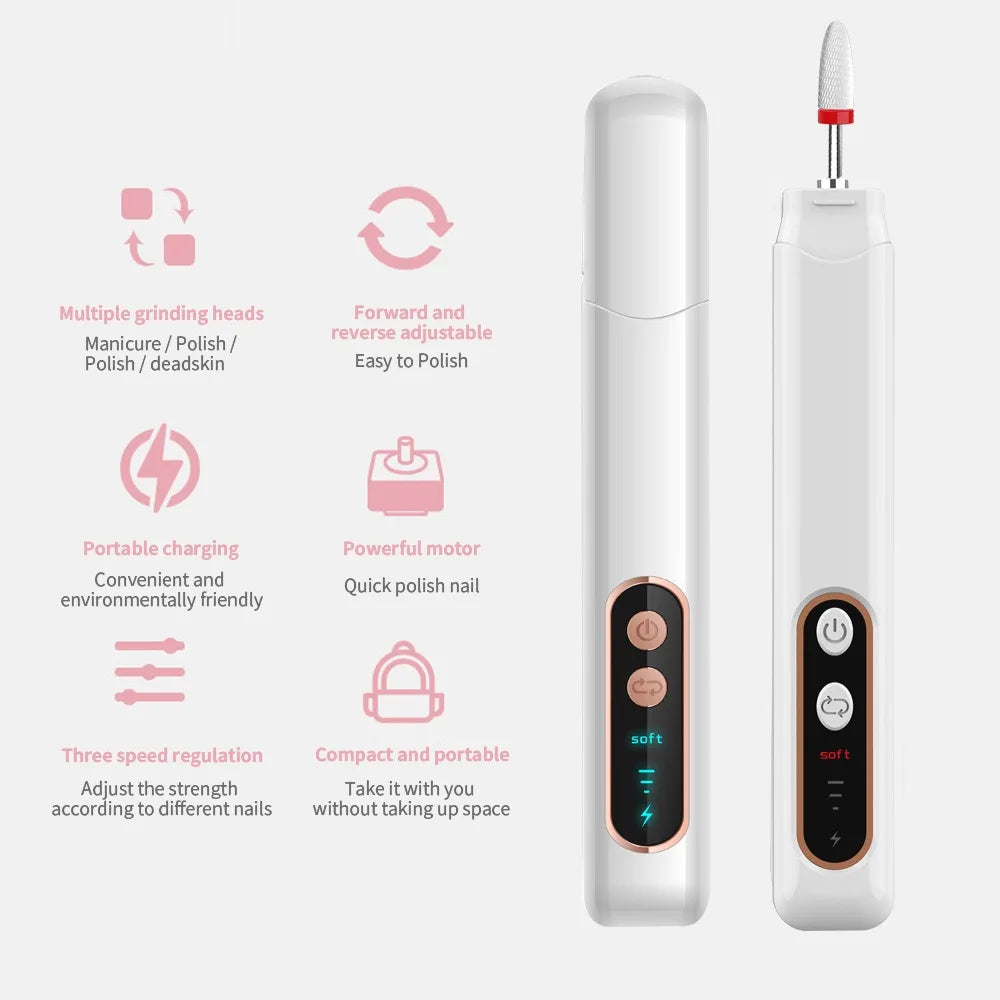 6in1 Wireless Nail Drill 15000RPM with LED Light and Screen Manicure Cutter Nail Repair Pedicure Milling Cutter Polisher Sander