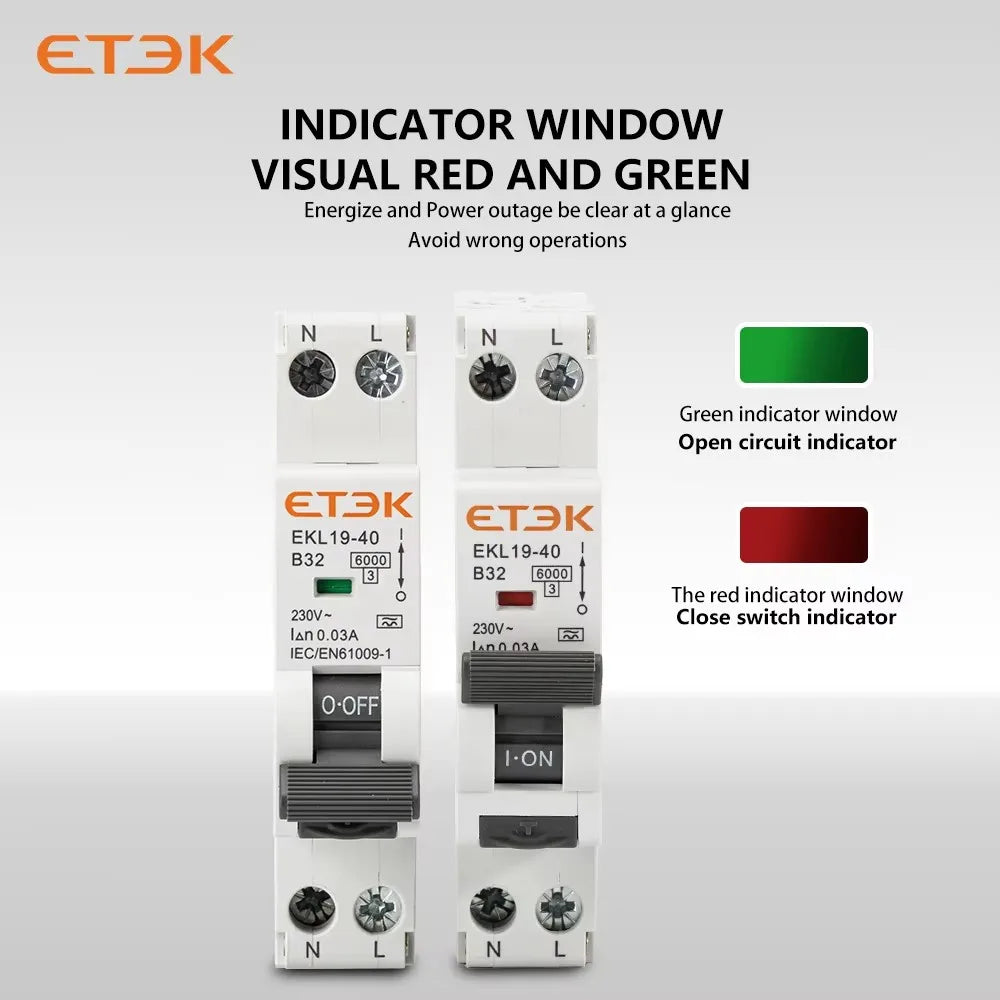 ETEK A Type Residual Automatic Circuit Breaker 6KA 1P+N 2P 18mm RCBO Max 40A 30mA C Curve EKL19