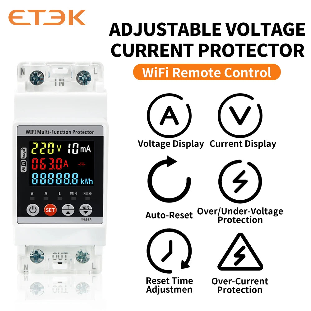 ETEK Leakage Protection Device, Instrument Function, LCD * Intelligent Control Single-phase V/A Over/Under Voltage Protector